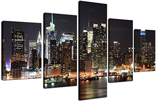 Thznmg Lienzo De Pintura Mural 200X100 Cm/ 78.8"X 39.4"Grandes Rascacielos Modernos Distritos Comerciales Y Residenciales Lienzo Arte De La Pared Nueva York Manhattan Skyline At Night Lights Obra De A