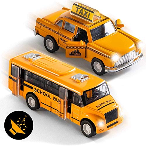 Top Race Metal Diecast School Bus and Taxi Pull Back Batería con Luces y Sonido Juego de 2 a Escala 1:32, TR-998