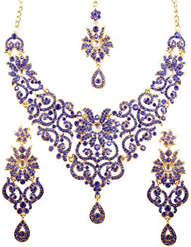 Touchstone Aspecto Real Tradicional Filigrana Fina Talla imitación Cristales de Zafiro Azul kundan polki Look SS Grand Nupcial Collar Conjunto para Mujer Azul
