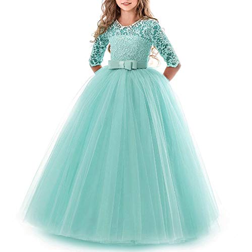 TTYAOVO Chicas Princesa Flor Vestir Largo Pelota Vestido Cordón Cumpleaños Vestidos 9-10 años(Talla150) 378 Verde