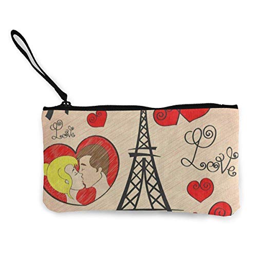 Unisex Wallet, Coin Bags, Canvas Coin Purse Paris Eiffel Tower Heart Valentine Customs Zipper Pouch Wallet for Cash Bank Car Passport
