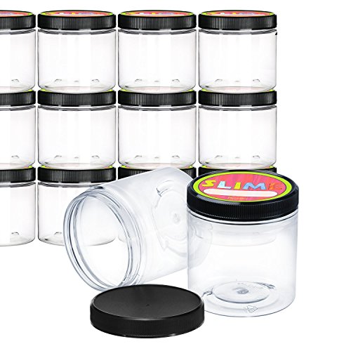 Vacío Slime almacenamiento contenedores – 12 unidades – fabricado en Estados Unidos – 8 oz Clear Slime tarros con tapas y etiquetas – sin BPA Material