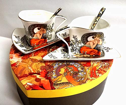 Van Well Alfons Mucha Ruby - Juego de tazas de té (6 unidades, porcelana, con caja de regalo), color rojo