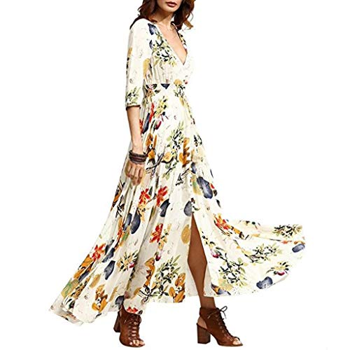 Vestido Largos de Flores para Mujer, Dragon868 Vestido de Fiesta Bohemio de Media Manga con Cuello En V Profundo, Maxi Vestidos Hendidura Split Sexy Mujer Elegante con Borla Botón Verano 2020