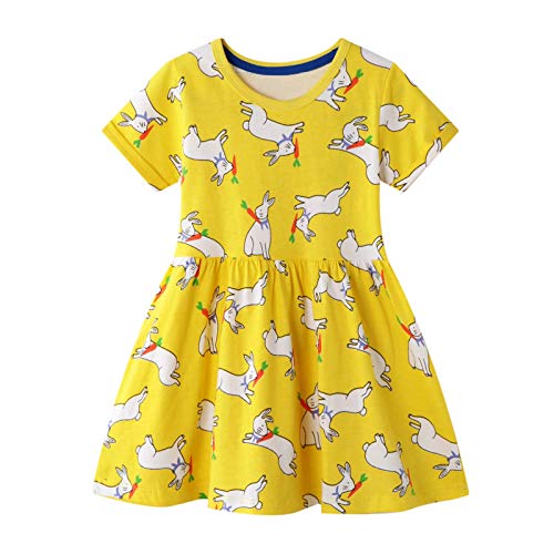 Vestidos para Bebés Niña Amarillo Conejo Animals Estampados Casual Algodon Manga Corta Verano Baratos Vestidos Infantil Niña Camiseta 1-8 años