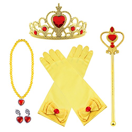 Vicloon 7Pcs Princesa Vestir Accesorios Regalo Conjunto de Belleza Corona Sceptre Collar Guantes para Niña - Amarillo
