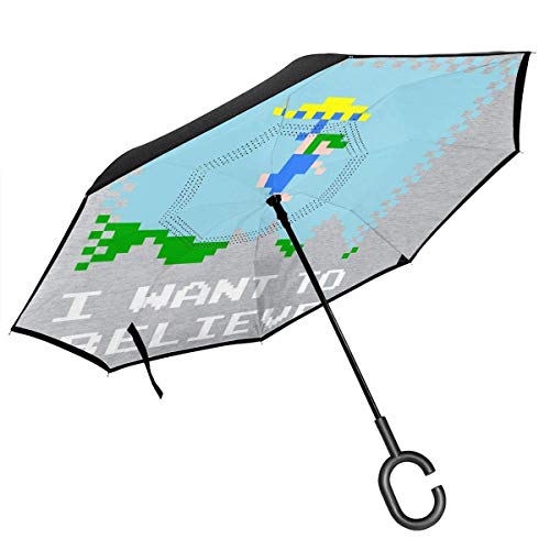 Virgil Frank Retro Believer Lemmings Paraguas invertido de Doble Capa para Manos en Forma de C invertidas Plegables al revés para automóvil - Ligero y Resistente al Viento