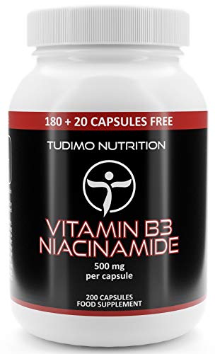 Vitamina B3 500 mg de Nicotinamida Flush Free 200 pzas (6+ Meses de Provisión) de Cápsulas de Desintegración Rápida, cada una con 500mg de polvo de Niacinamida de Calidad Premium, de TUDIMO