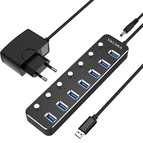 VKUSRA Hub USB 3.0, 7 Puertos USB Data Hub con Alimentación Adaptador 5V/2A, Cable de 1,2m y interruptores de alimentación Individuales para Mac Pro/Mini, Microsoft Surface Pro, DELL XPS 15 y más