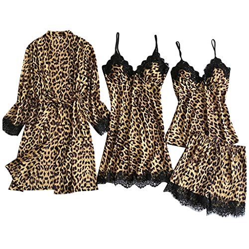 waotier Pijamas de Seda Satinada Conjuntos Mujer Vestido de Noche Lencería Batas Estampado de Leopardo Ropa Interior Ropa de Dormir 3PC