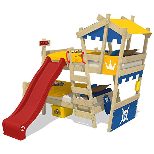 WICKEY Litera CrAzY Castle Cama infantil doble 90x200 Cama alta con tobogán, escalera, techo y somier, azul-amarillo + tobogán rojo