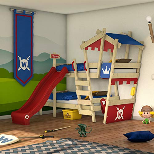 WICKEY Litera CrAzY Castle Cama infantil doble 90x200 Cama alta con tobogán, escalera, techo y somier, rojo-azul + tobogán rojo