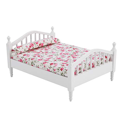 wosume Cama de casa de muñecas, Accesorios de casa de muñecas Patrón de Flores Mini Muebles Cama Doble Casa de muñecas Muebles de Madera en Miniatura para muñeca de Escala 1/12