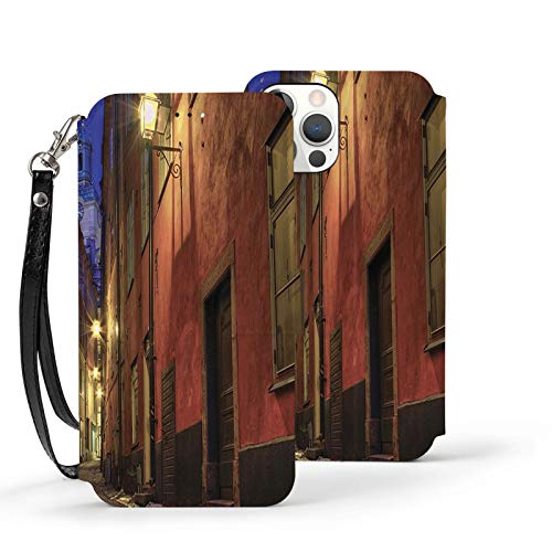 Y-Store Iphone12 Series Flip Case with Card Holder PU Leather+TPU Cover Wanderlust Decor Collection At Night In The Alley In Old Town Stockholm. Church Tower Darkness Ancient