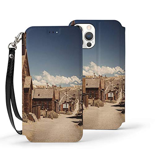Y-Store Iphone12 Series Flip Case with Card Holder PU Leather+TPU Cover Wanderlust Decor Collection Old Looking Empty Streets Abandoned Ghost Town Bodie In California USA