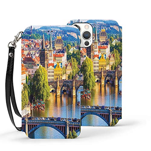 Y-Store Iphone12 Series Flip Case with Card Holder PU Leather+TPU Cover Wanderlust Decor Collection Scenic Summer Old Town Charles Bridge Over Vltava River In Prague Czech Republic