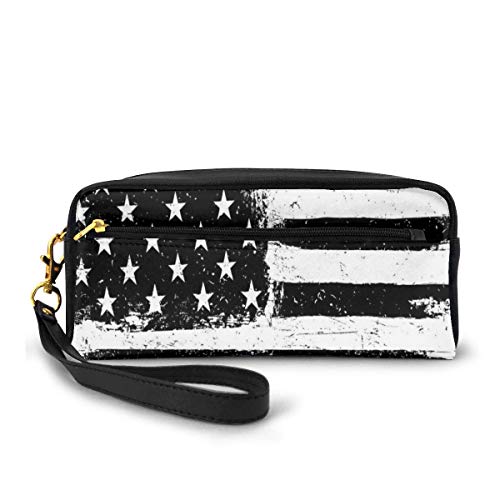 Yuanmeiju Black and White American Flag Large Capacity Canvas Estuche Pen Bag Pouch Stationary Case Makeup Cosmetic Bag