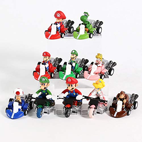 YUNDING Super Mario Peluches 10pcs/Sets Super Mario Kart Luigi Peach Peach Toad Yoshi Donkey Kong Mini PVC Figuras Pull Back Car Kart Toys