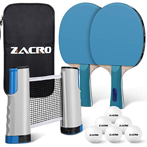Zacro - Juego de Ping Pong,2 raquetas + 6 bolas + 1 red ajustable para actividades al aire libre en la cubierta (170 cm) + 1 bolsa de almacenamiento, apto para cualquier mesa