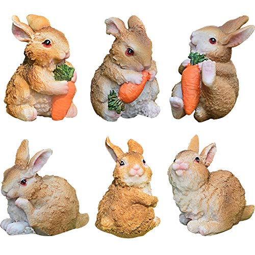 ZSWQ 6 figuras de adornos de jardín de conejos conejos accesorios de jardín de hadas, mini figuras de conejito de resina conejos con zanahorias para la decoración del jardín del hogar