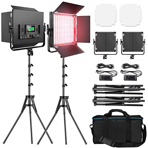 2 Packs Luz de Video LED RGB, Pixel Kit de iluminación de Video con 552 LED 45W/2600K-10000K/CRI 97+/9 escenas, luz de Video LED con Soporte en U y Puerta de Granero para grabación de Video