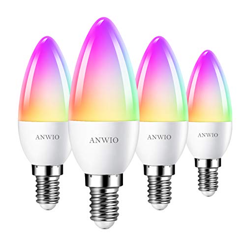 4 Unidades 5W Bombillas Inteligentes Vela LED E14 RGB WiFi, C37 Equivalente a 40W, 470 Lúmenes, Funciona con Alexa, Google Home y Smart Life, ANWIO. 4 Unidades 5W Bombillas Inteligentes Vela LED E14 RGB WiFi, C37 Equivalente a 40W, 470 Lúmenes, Funciona con Alexa, Google Home y Smart Life, ANWIO.