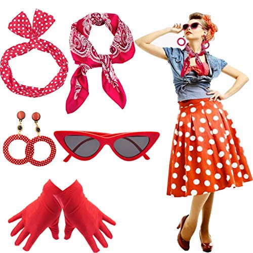 50s Accesorios de Disfraz, Bufanda, Ojo de Gato, Gafas, Diadema y Guantes de los años 50, Accesorios de Disfraces para Mujeres y niños, Fiesta de Juego