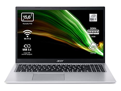 Acer Aspire 5 - Portátil 15.6" FullHD (Intel Core i5-1135G7, 16GB RAM, 512GB SSD, UMA Graphics, Sin Sistema Operativo), Color Plata - Teclado QWERTY Español