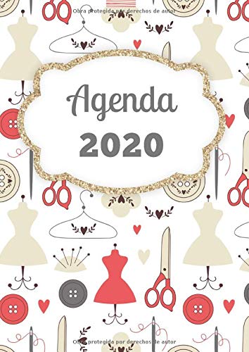 Agenda 2020: Tema Costura Agenda Mensual y Semanal + Organizador Diario I Planificador Semana Vista A4 Rojo Botones Tijera