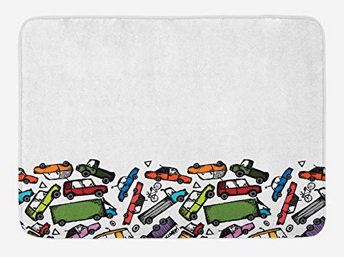 Alfombrilla de baño Cars, grupo de coches de juguete dibujados a mano, patrón colorido agrupado, diseño amigable para los niños, alfombrilla de felpa para decoración de baño con respaldo antideslizant
