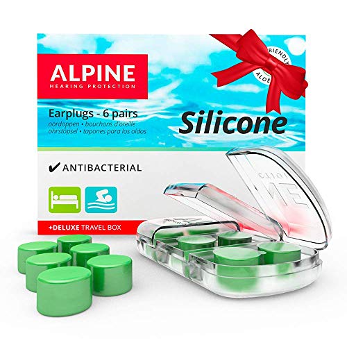 Alpine Tapones de silicona para dormir y nadar con plata antibacteriana y aloe vera – Protege las orejas del viento y el agua – Amortigua el ruido de los ronquidos y mejora el sueño – 6 pares