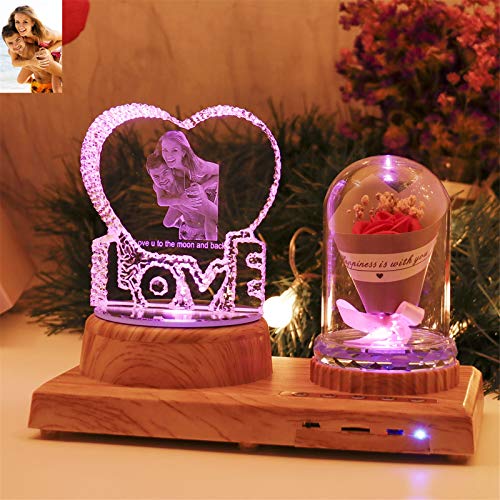 Amor personalizado Luz de noche Lámpara de cristal 3D Imagen de foto personalizada Luz LED grabada de 7 colores con Bluetooth Base de madera rosa Regalo personalizado para mujeres Decoración navideña