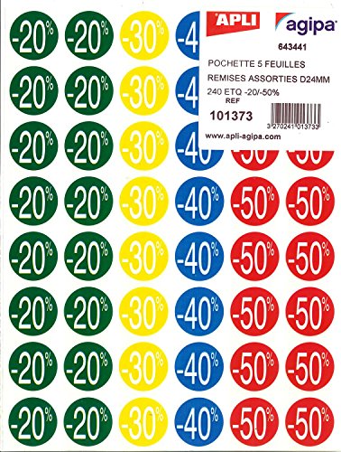 APLI 101373 Etiquetas de Descuentos forma Circular Adhesivo Permanente, Multicolor, 101373 x 24 mm x 5H APLI 101373 Etiquetas de Descuentos forma Circular Adhesivo Permanente, Multicolor, 101373 x 24 mm x 5H