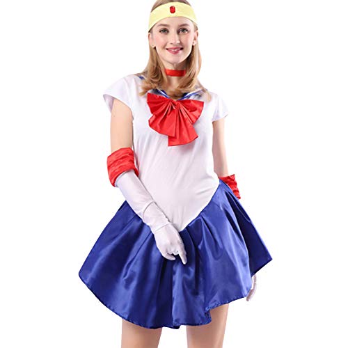 Baipin Disfraz De Sailor Moon Anime Cosplay, Azul Oscuro Vestido y Guantes Blancos Arco de Princesa Vestido Uniforme de Juego para Mujer, Talla M, Longitud 82cm