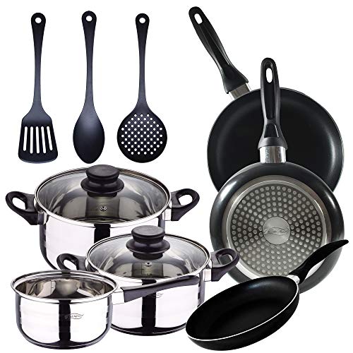 Batería de cocina 5 piezas acero inoxidable y 3pcs Utensilios de cocina y Set 3pcs sartenes 16/20/24 cms, negro, aluminio prensado, inducción