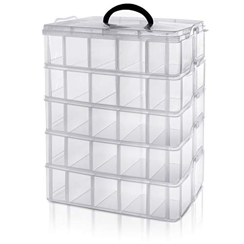 BELLE VOUS Caja Almacenamiento Plástico Transparente 5 Niveles - Ranuras de Compartimentos Ajustables - Caja Organizadora Plastico- Máximo 50 Compartimentos - Guardar Juguetes Joyas, Cuentas