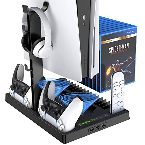Benazcap Multifuncional Soporte de Consola PS5 con Ventilador de Refrigeración,Cargador para Mando PS5,con Almacenamiento de 15 Discos de Juegos,Y Otros Accesorios de PS5,Negro