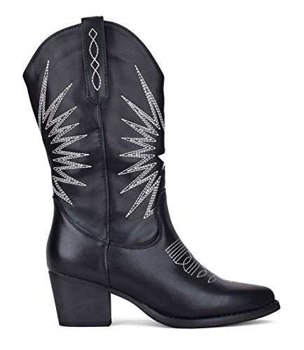 BOSANOVA Botas Estilo Cowboy con Detalle de Cosido Decorativo a Contraste y tacón Efecto Madera de 5'5 cm. Sin Cierre. Negro 38 BOSANOVA Botas Estilo Cowboy con Detalle de Cosido Decorativo a Contraste y tacón Efecto Madera de 5'5 cm. Sin Cierre. Negro 38