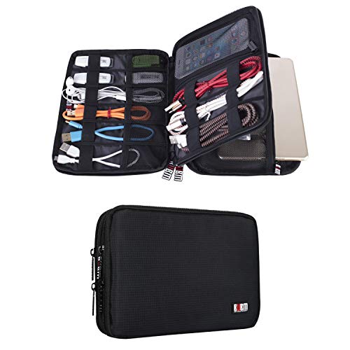 BUBM Organizador de Accesorios Eléctrica Estuche para Guardar Cables Memorias USB Bolsa con Cremallera para iPad Bolso de Doble Capas (Medium,Negro)