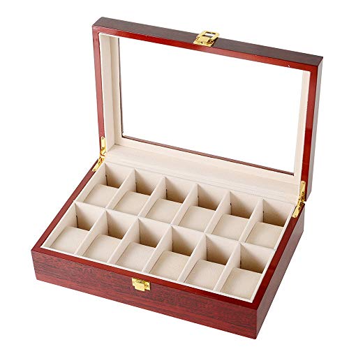 Cajas para relojes Relojes de joyería 12 ranuras de madera con cerradura Exhibidores caja de almacenamiento con tapa de vidrio marrón 31x21x9cm Relojes de exhibición de la joyería cajas de almac