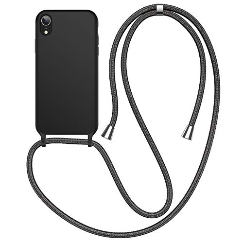 CE-Link Funda para iPhone XR Fundas con Cuerda Banda de Silicona Carcasa y Estuche Rígido Cubierta Suave TPU con Collar Correa de Cuello Cadena Cordón Ajustable Lanyard Cover Case - Negro