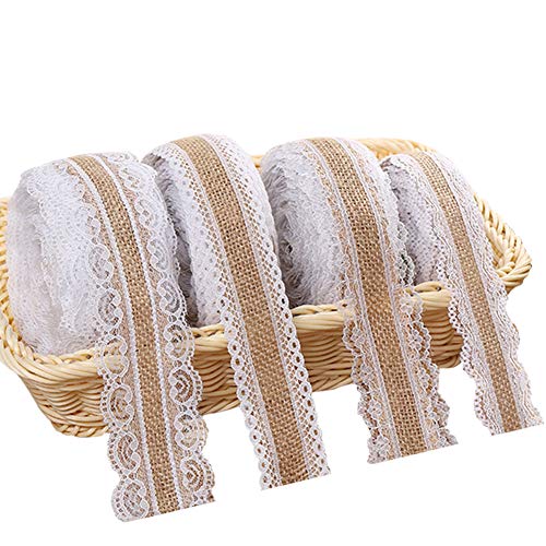 Cinta de encaje de arpillera blanca, rollo de cinta de arpillera natural con encaje para bodas Navidad manualidades regalos, puntillas de encaje vintage y cinta de arpillera en un rollo (4 pcs, 2 m)