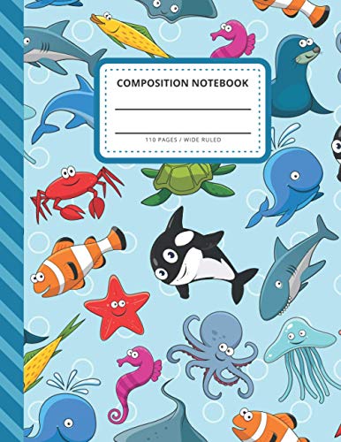 Composition Notebook: Octopus Jellyfish Dolphin Whale Turtle - Ocean Animal Pattern / Wide Ruled Notebook Paper for Kids / Large Writing Journal for ... / Back to School Gift for Boys Girls Children