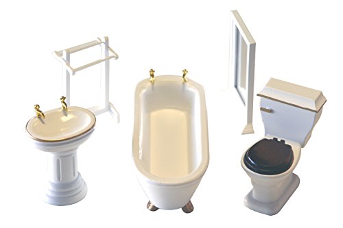 Conjunto baño 5 piezas en madera lacada en blanco. Escala 1/12. Apto para todas las casas de muñecas estandar Conjunto baño 5 piezas en madera lacada en blanco. Escala 1/12. Apto para todas las casas de muñecas estandar