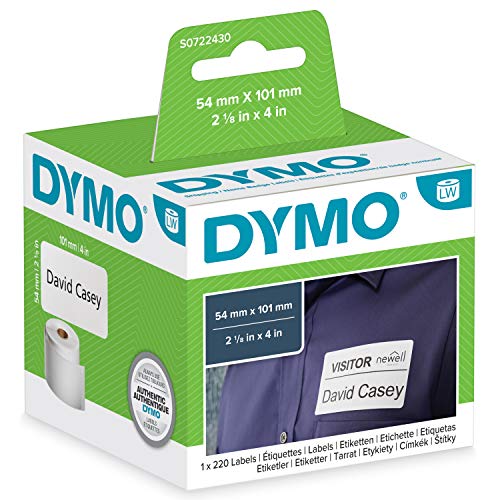 DYMO LW -  Etiquetas auténticas de envío/tarjetas de identificación grandes, 54 mm × 101 mm, un rollo de 220 etiquetas con reverso fácil de retirar, autoadhesivas, para rotuladoras LabelWriter