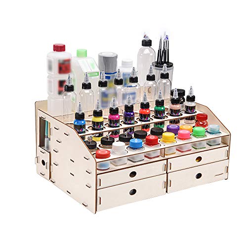 El estante pintura madera con 4 gabinetes, organizador soporte almacenamiento de botellas tinta, compartimentos multi separados, incluyen 32 agujeros grandes, para herramienta pintura pintura artista