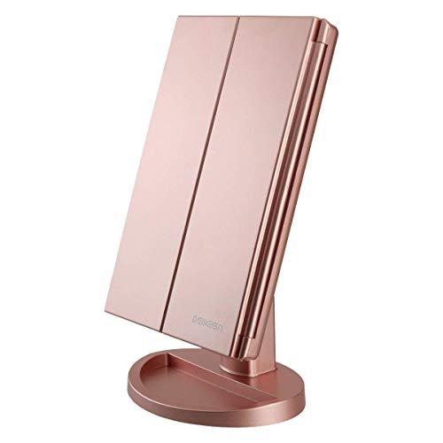 Espejo de Maquillaje con LED, Iluminado Espejo de Mesa Luz con Ampliación 1X / 2X / 3X Plegable Espejo de la Vanidad Rotación 180° Pantalla Táctil Espejo Cosmético para Hombre y Mujer (Oro Rosa)