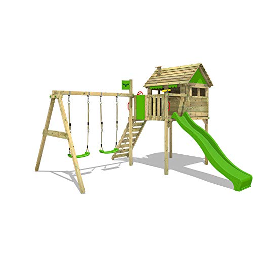 FATMOOSE Parque infantil de madera FunFactory Fit XXL con columpio y tobogán, Casa sobre pilares de exterior con escalera para niños