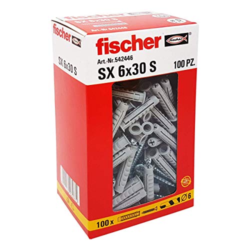 Fischer 542446 - Tacos SX con tornillo, 6 x 30 mm, para pared completa y ladrillo perforado, 100 unidades