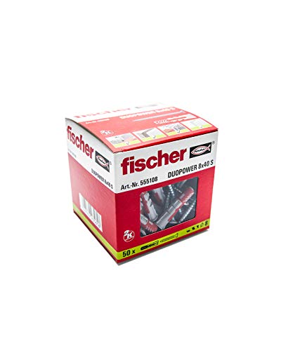 Fischer Taco Duopower S / (Caja de 50 Uds), 555108, Gris y Rojo, 8x40 (tacos + tornillos)